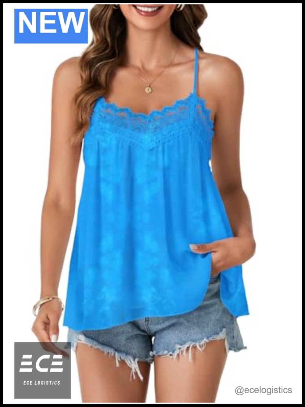 Women's Spaghetti Strap Lace Trim Tank Top V-Neck Peplum Sleeveless